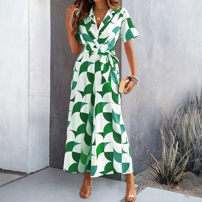 Spring and summer women's temperament short sleeved contrasting printed high waisted jumpsuit