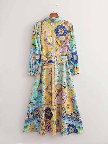 Woman Dress New Fashion Print Boho Elegant Dresses For Women Vintage With Belt Casual Female Party Dresses