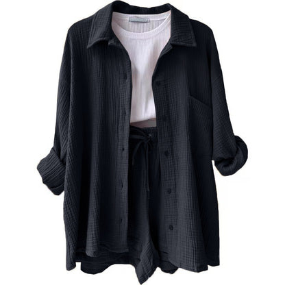 Wrinkled collar long sleeved shirt high waisted drawstring shorts two-piece set