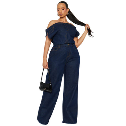 Strapless jumpsuit van denim met één schouderband