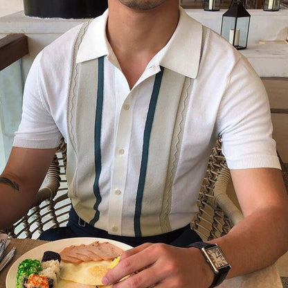 Summer New Men's Knitted Shirt Lapel Pullover Casual Stripe Polo Shirt Father's Day gift