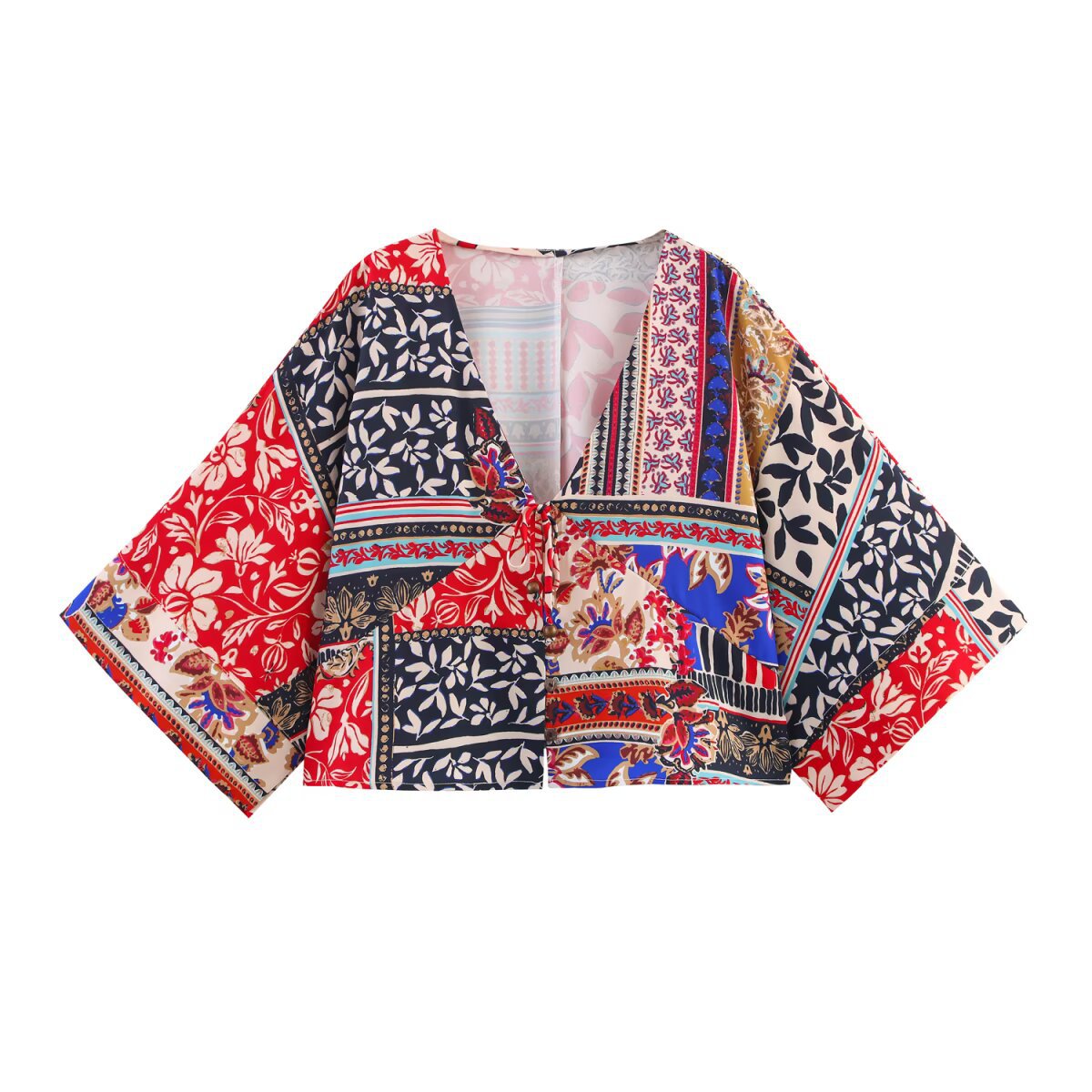 Women's Clothing Patchwork Printed Wide Sleeve V-neck Tunic + Color-blocked Wide-leg Pants
