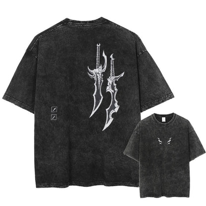 Summer New Anime Print T-Shirt Summer Cotton Washed Vintage Short Sleeve