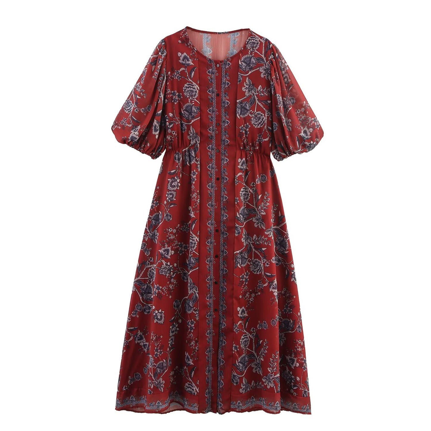 Plus size maxi-jurk met ronde hals etnische stijlprint korte pofmouwen en enkele rij knopen