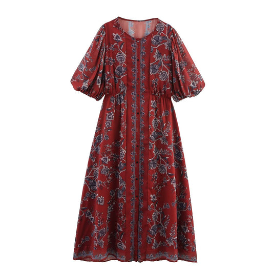 Plus size maxi-jurk met ronde hals etnische stijlprint korte pofmouwen en enkele rij knopen