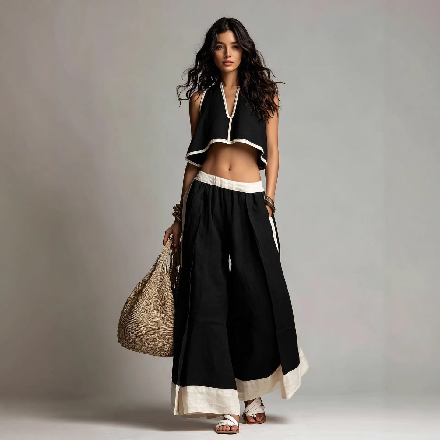 Summer Fashion Casual Temperament Solid Color Sleeveless V-Neck Two-Piece Set