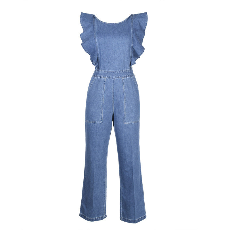 Jumpsuit met vetersluiting en ruches van denim