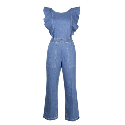 Jumpsuit met vetersluiting en ruches van denim