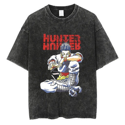 Summer New Fullmetal Alchemist Anime Print T-Shirt Summer Cotton Washed Vintage Distressed Short Sleeve Crew Neck