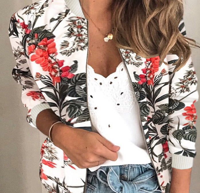 New Round Neck Print Fashion Zipper Jacket Coat Women