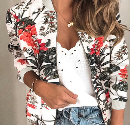 New Round Neck Print Fashion Zipper Jacket Coat Women