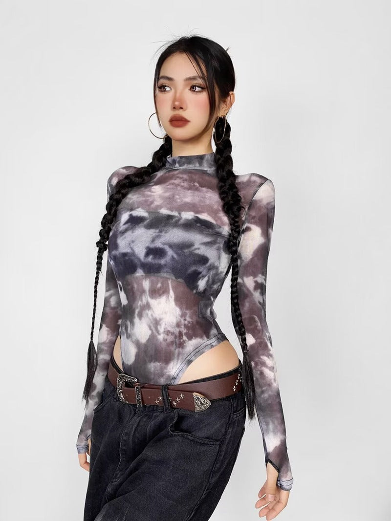 Jumpsuit women's long sleeved mesh T-shirt