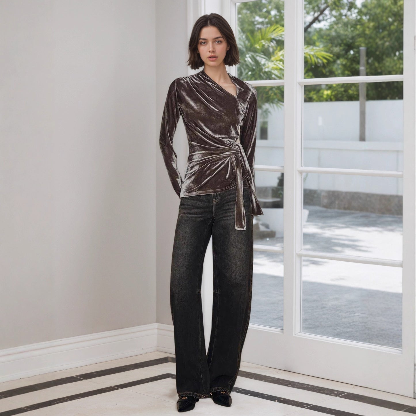 Nauwsluitende fluwelen top met gedraaide vetersluiting voor dames