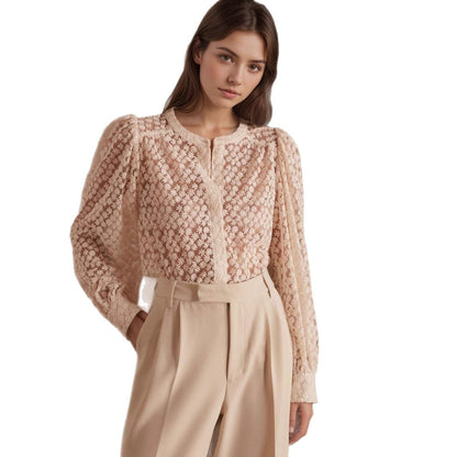 Ladies' flower hollowed out round neck lace top