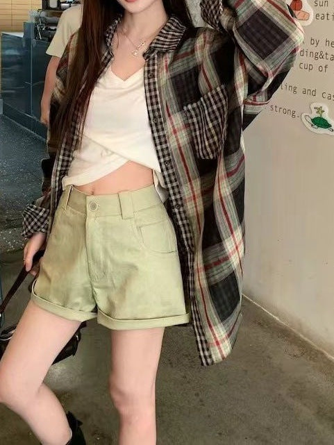 Retro Color-Block Plaid Shirt Women Loose Lazy Style Spliced Design Long Sleeve Sunscreen Blouse