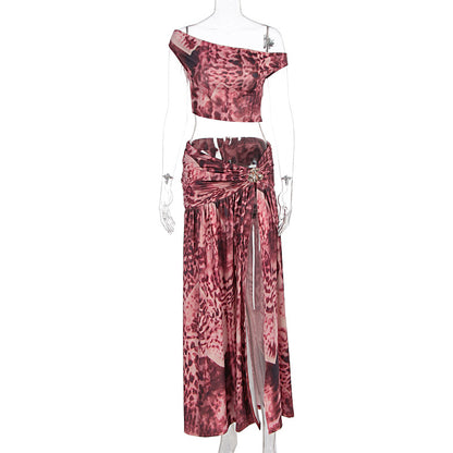 Printed off-shoulder top with flared skirt set