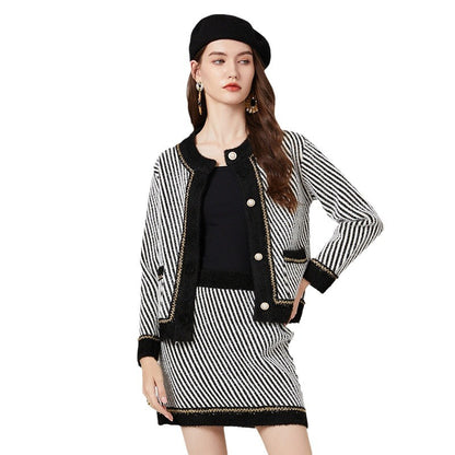 Women O-Neck Stripe Knitted Sweater Skirt Sets Autumn Wrap Hip Skirt Two Piece Suit Cardigans 2 Piece Sets Womens Outifits