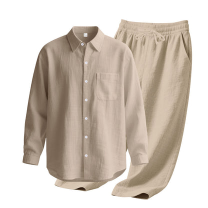 Linen solid color lapel buckle casual long sleeved pants men's suit
