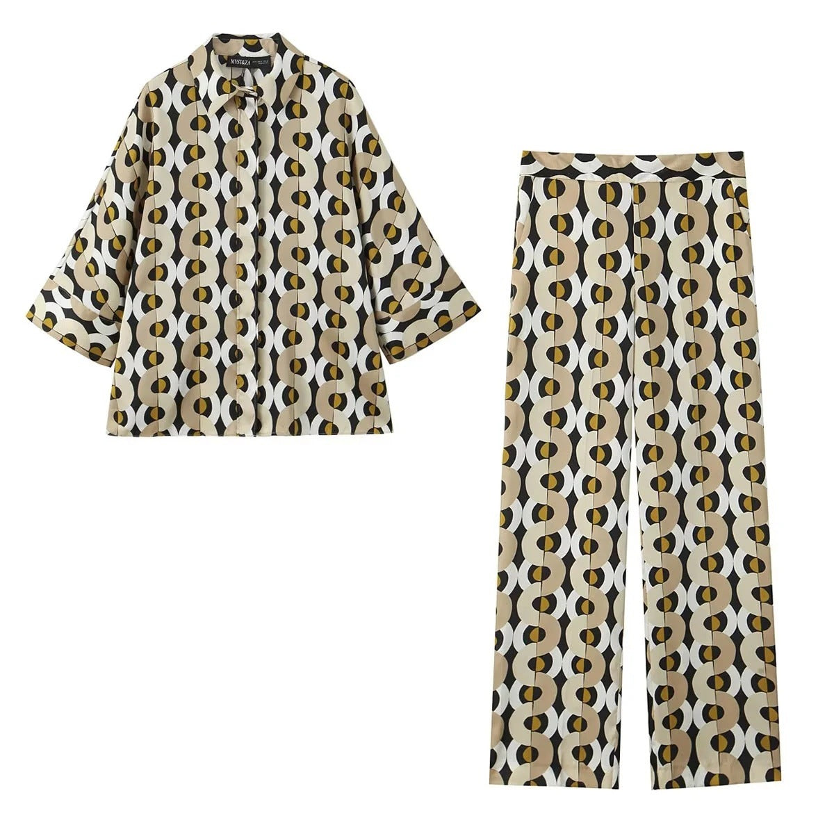 Women's Geometric Pattern Printed Shirt + Straight Leg Pants Set