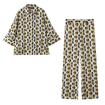 Women's Geometric Pattern Printed Shirt + Straight Leg Pants Set