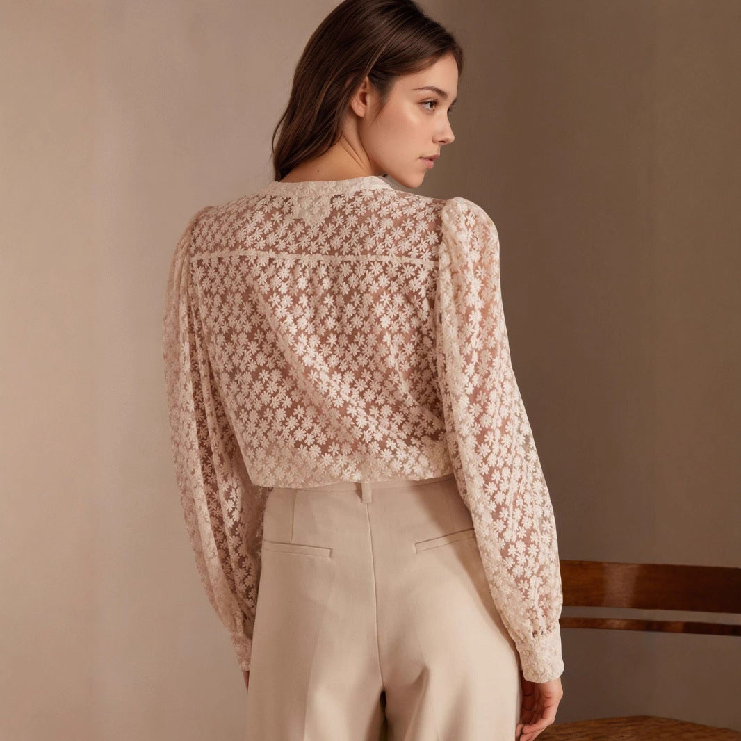 Ladies' flower hollowed out round neck lace top