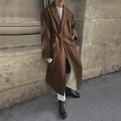 Trendy Korean version coat Trendy solid color minimalist medium length woolen coat Wide and thick coat