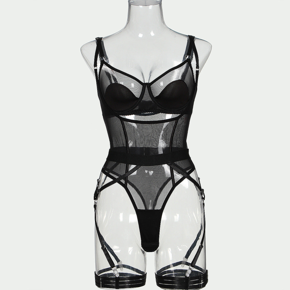 Perspective mesh sexy lingerie four piece set