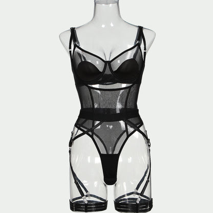 Perspective mesh sexy lingerie four piece set