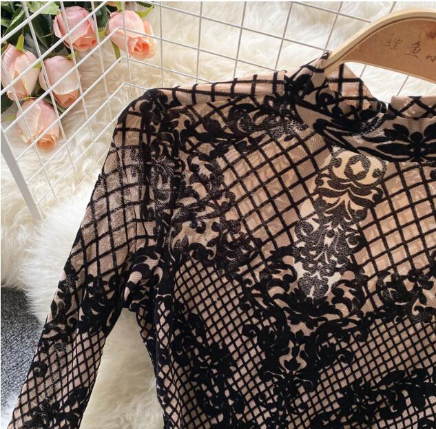 All-In-One Sexy See-Through Long-Sleeved Slim Bottoming Top Leopard-Print Plaid Slim Jumpsuit