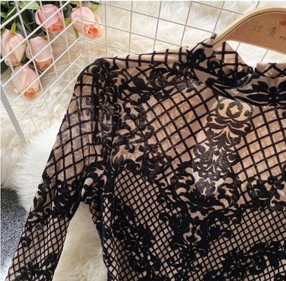 All-In-One Sexy See-Through Long-Sleeved Slim Bottoming Top Leopard-Print Plaid Slim Jumpsuit