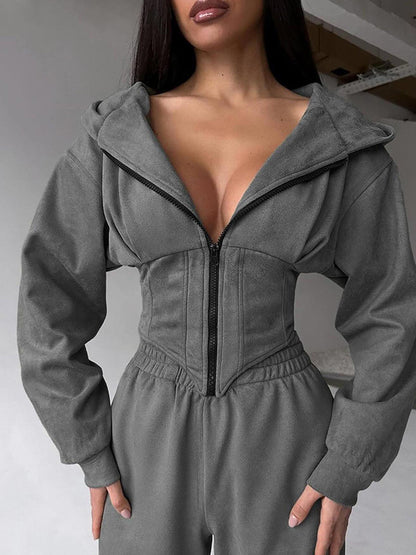 Women's Solid Color Waist Hoodie Pants Set