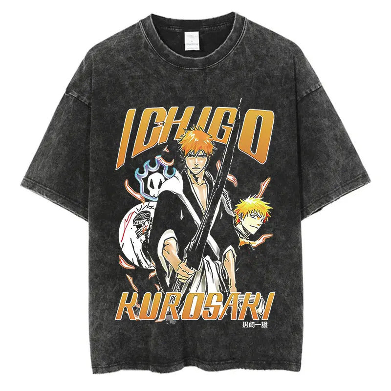Anime Printed T-Shirt Summer Cotton Washed Vintage Short Sleeve