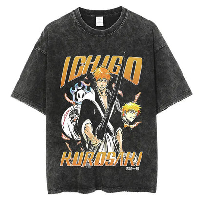 Anime Printed T-Shirt Summer Cotton Washed Vintage Short Sleeve