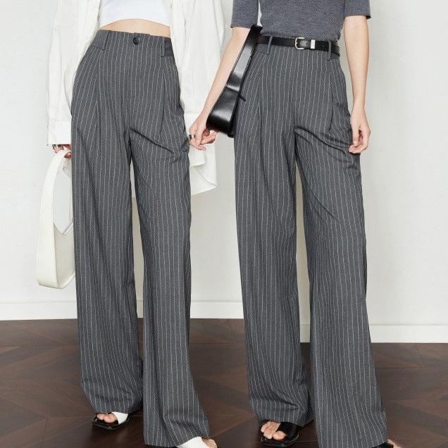 Wide-leg pants women suit pants striped gray drape vintage casual pants