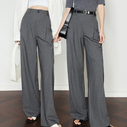 Wide-leg pants women suit pants striped gray drape vintage casual pants