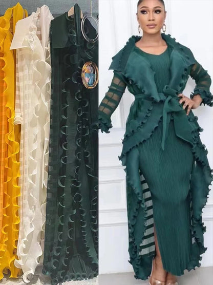 Heavy Industry Pleated Set Solid Flounced Edge Full Sleeved Sexy Evening Party Two Piece Sets for Women