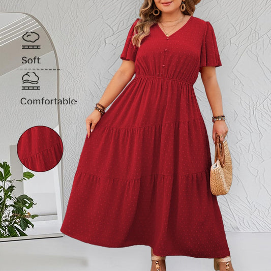 Self-developed Solid Color Short Sleeve Dress Casual Loose Plus Size V-neck Long Dress