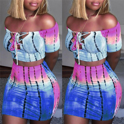 Sexy Women 2 Piece Outfits Set Off Shoulder Crop Top and Bodycon Mini Skirt Female Suit Summer Slim Party Club Clothing