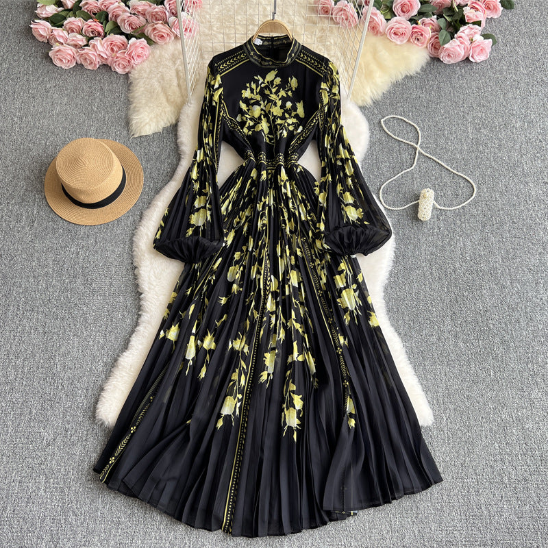 Elegant Fashionable Charm  Style French Print Pleated Dress