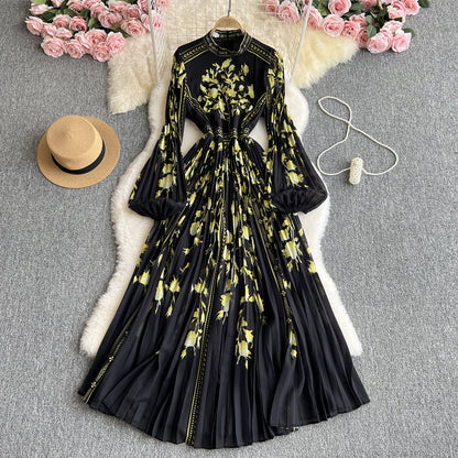Elegant Fashionable Charm  Style French Print Pleated Dress