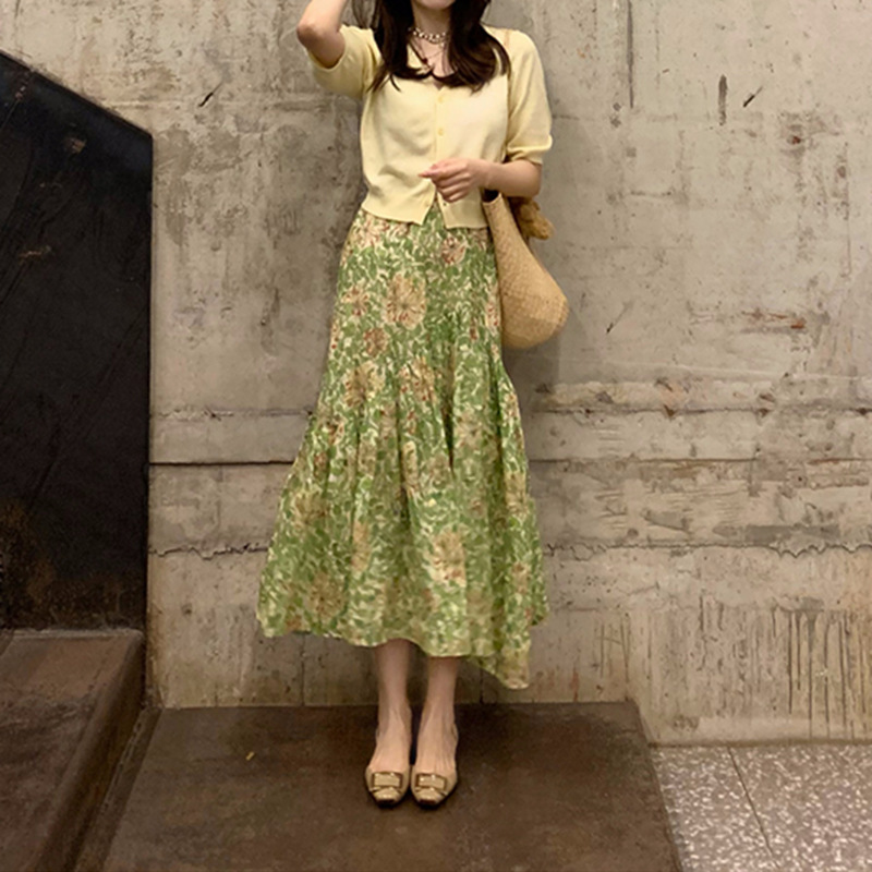 Echoo Linen Print Midi Skirt Rustic Romantic Style Casual Bohemian Mid-Length Skirt