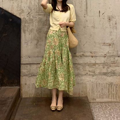 Echoo Linen Print Midi Skirt Rustic Romantic Style Casual Bohemian Mid-Length Skirt