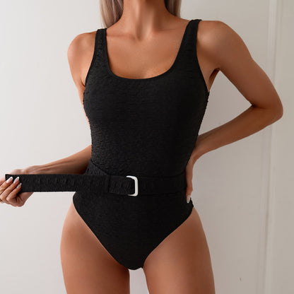 One-piece swimsuit women's pure black elegant waistband swimsuit