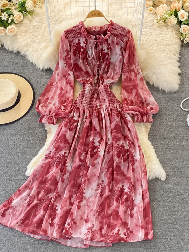 Autumn Women Printed Long Dress Vintage Ruffle Stand Collar Puff Sleeve High Waist Elegant Maxi Robe Female Big Swing Dress