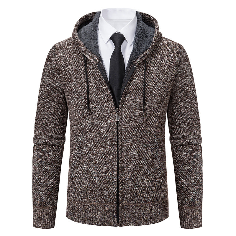 Autumn and winter men's cardigan sweater men's knitted sweater hooded and velvet casual men's knitted jacket