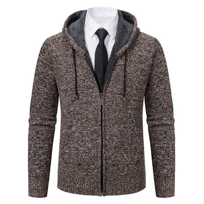 Autumn and winter men's cardigan sweater men's knitted sweater hooded and velvet casual men's knitted jacket
