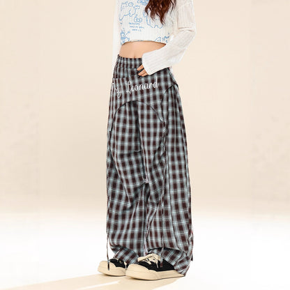 Losse wijde geruite broek met hoge elastische taille