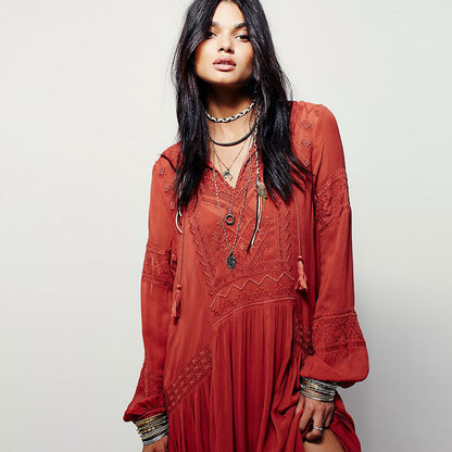 Dames maxi-jurk met lange mouwen van linnen met etnische borduursels hippie/boho stijl