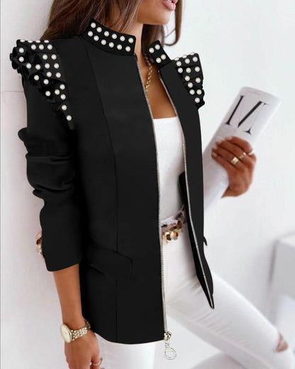 Flounce Sleeve Long Sleeve Zipper Printed Blazer Coat for Women