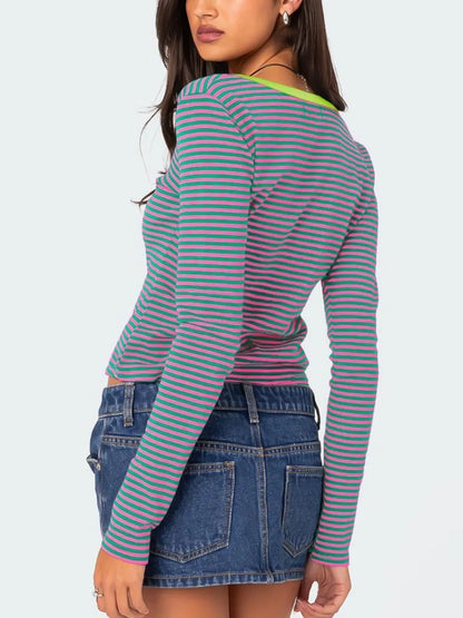 Color blocking striped knitted sweater women's summer top button slim fit shoulder t-shirt
